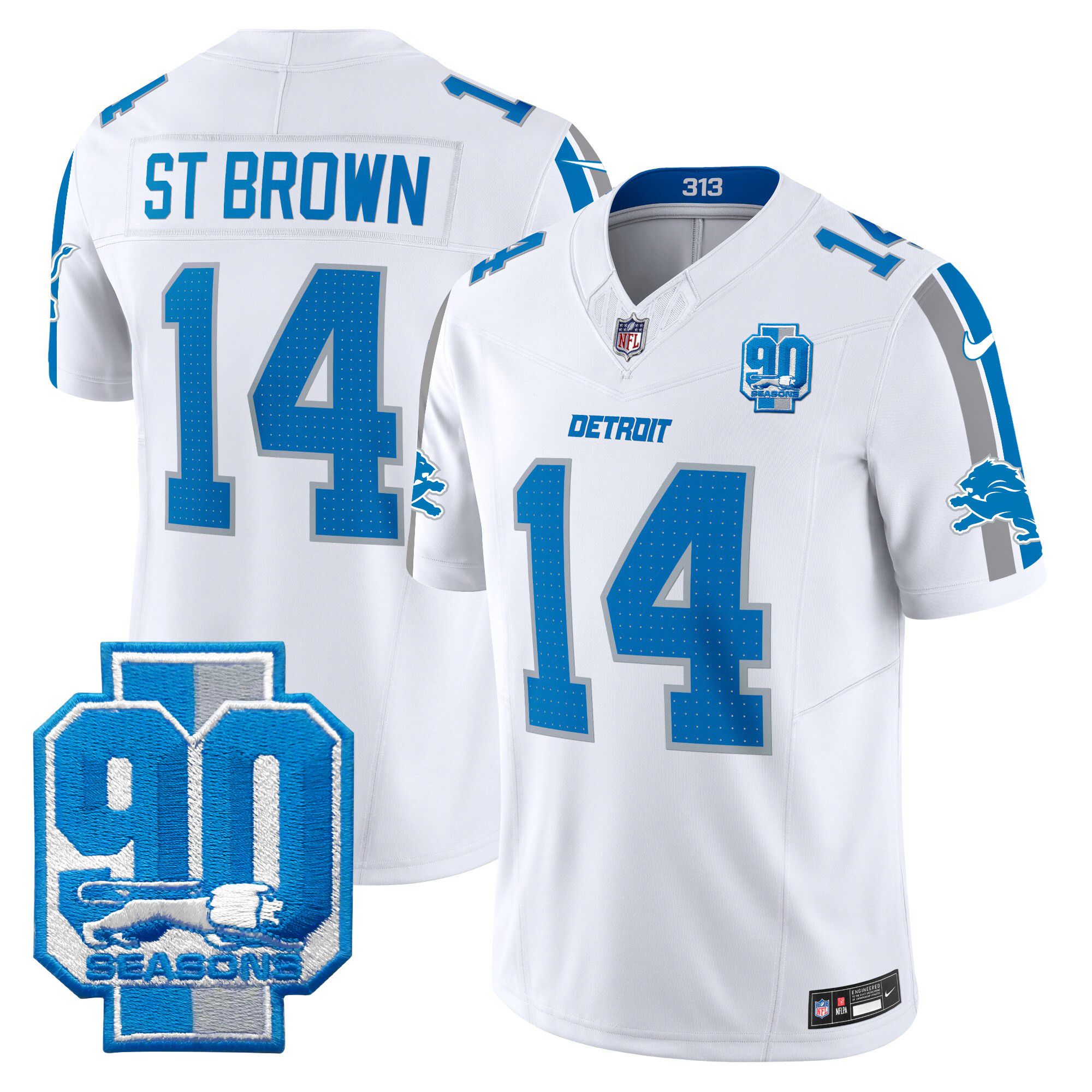 Men Detroit Lions 14 ST Brown White 2024 Nike 90th Year Patch Vapor Limited NFL Jersey